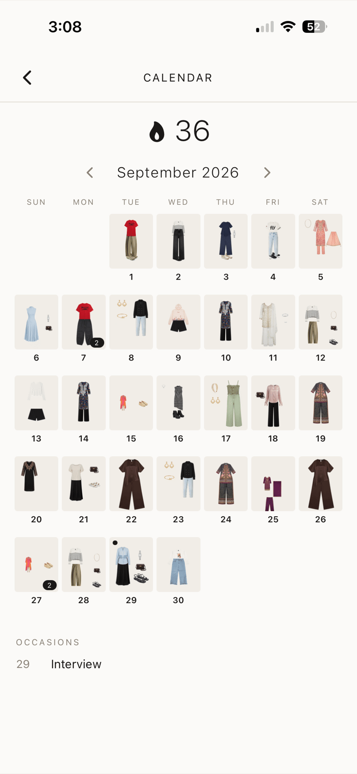 A month in the LAYRD calendar with an outfit on each day