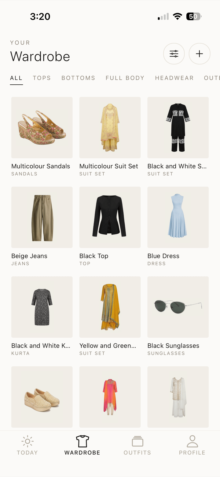 The LAYRD wardrobe grid, each garment shown as a cut-out packshot